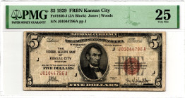 United States FRBN Kansas City 5 Dollars 1929 PMG 25 Very Fine
P# 395j, N# 202449; # J 328 J 01044796 A