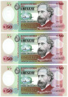 Uruguay 3 x 50 Pesos 2020 Consecutive Numbers
P# 102a, N# 238829; # A 03282601 - A 03282603; UNC