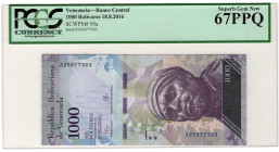 Venezuela 1000 Bolivares 2016 PCGS 67 PPQ Superb Gem New
P# 95a, N# 205358; # A 25677303