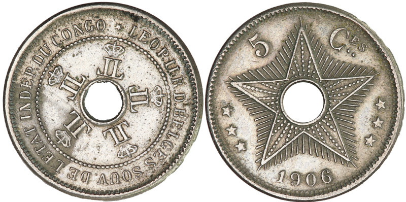 KM-9; King Leopold II (1865-1909); Copper-nickel; Crowned monograms; XF