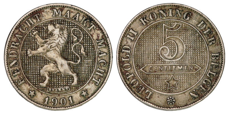 KM-45; King Leopold II (1865-1909); Copper-nickel; Dutch text - Large lion; VF
