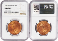 Finland Russian Duchy. Nicholas II 10 Pennia 1916. NGC MS 65 RB. Almost TOP POP!