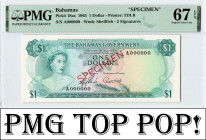 Bahamas 1 Dollar 1965 Specimen. PMG Superb Gem UNC 67 EPQ. !TOP POP!