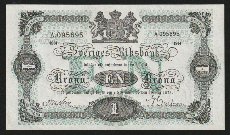 P-32a; S/N A.095695; King: Gustaf V (1907-1950); Prefix : A; Very Rare; UNC