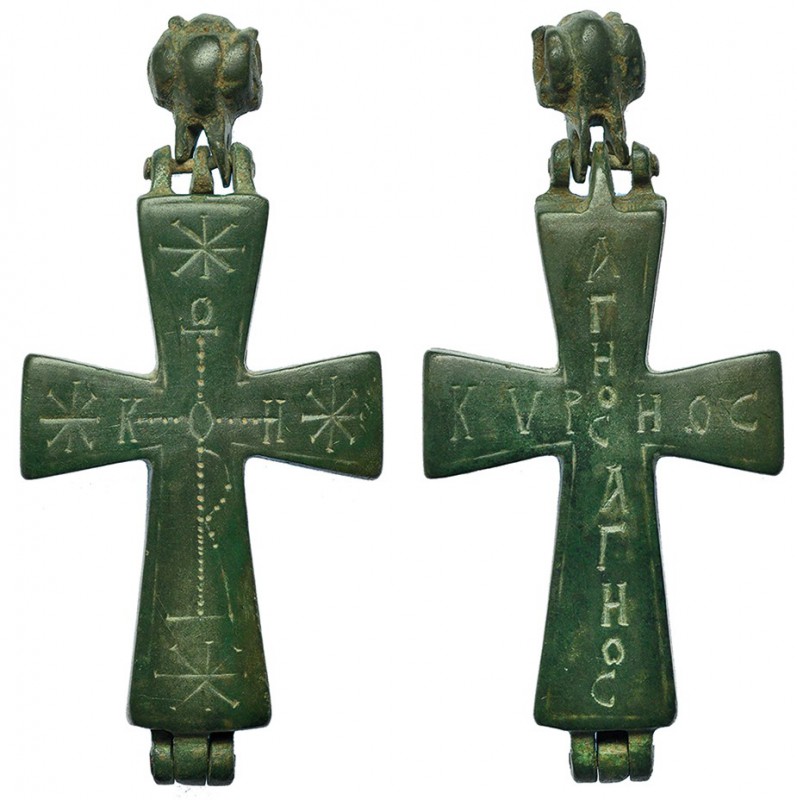 BIZANCIO. Colgante de doble cruz relicario (s. X-XI d.C.). Bronce. Inscripciones...