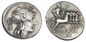 ABURIA. Denario. Roma (134 a.C.). Marte en cuádriga a der., debajo: C.ABVRI; en el exergo: ROMA. FFC-89. SB-1. MBC-/MBC.
