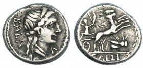AELIA. Denario. Roma (92 a.C.). A/ Cabeza diademada de Diana a der., delante letra, detrás BALA. FFC-100. SB-4. MBC-.