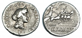ANNIA. Denario. Hispania (82-81 a.C.). A/ Busto diademado de Anna Perena a der.; debajo: letra. R/ L. FABI. L. F. HISP. FFC-140. SB-3. MBC-.
