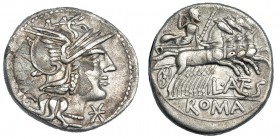 ANTESTIA. Denario. Roma (136 a.C.). R/ Júpiter en cuádriga a der., debajo: L. ANTES; en el exergo: ROMA. FFC-151. SB-9. MBC/MBC-.