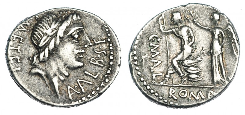 CAECILIA. Denario. Roma (96 a.C.). A/ Cabeza laureada de Apolo a der., delante: ...