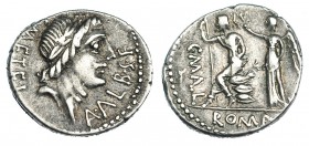 CAECILIA. Denario. Roma (96 a.C.). A/ Cabeza laureada de Apolo a der., delante: A. ALB. S. F. FFC-212. SB-46a. MBC/MBC-.