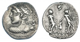 CAESIA. Denario. Sur de Italia (112-111 a.C.). A/ Busto diademado de Apolo Vejovis a izq.; detrás: AP. FFC-222. SB-1. Leves oxidaciones. MBC.