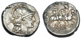 CALPURNIA. Denario. Roma (189-180 a.C.). R/ CN. CALP., debajo: ROMA en tablilla. FFC-224. SB-1. Defectos de cospel. MBC.