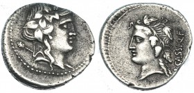 CASSIA. Denario. Roma (78 a.C.). R/ Cabeza con diadema vegetal de LIBERA a izq., detrás: L. CASSI. Q. F. FFC-556. SB-6. MBC.