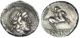 CREPUSIA. Denario. Roma (82 a.C.). A/ Cabeza laureada de Apolo a der. detrás cetro y letra, delante símbolo no visible. FFC-658. SB-1. MBC.