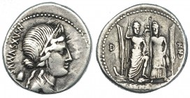 EGNATIA. Denario. Roma (75 a.C.). FFC-689. SB-2a. En anverso se aprecian restos de reacuñación sobre otra moneda. MBC-. Escasa.