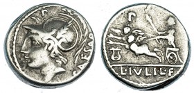 JULIA. Denario. Roma (103 a.C.). R/ Venus Genetrix en biga de de Cupidos a izq.; encima letra; debajo, lira. En el exergo: L·IVLI·L·F·. FFC-764. SB-4....