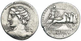 LICINIA. Denario. Roma (84 a.C.). R/ Minerva en cuadriga a der., en el exergo: C·LICINVS(·L·F)/MACE(R). FFC-803. SB-16. MBC.