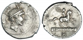 MARCIA. Denario. Italia Central (113-112 a.C.). R/ L·PHILIPPVS; debajo signo de valor. FFC-852. SB-12. Grafitos. MBC+.