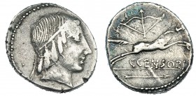 MARCIA. Denario. Roma (88 a.C.). R/ Cabaloo a der. con símbolo encima y en el exergo: CCENSORI. FFC-864. SB-19. MBC-.