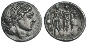 MEMMIA. Denario. Sureste de Italia (109-108 a.C.). R/ Los dioscuros sosteniendo las bridas de sus caballos; L. MEMM. FFC-906. SB-1. Pátina gris. MBC+....