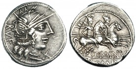 MINUCIA. Denario. Roma (122 a.C.). R/ Q.MINV; en el exergo: ROMA. FFC-920. SB-1. Defecto de cospel en rev. MBC.