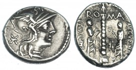 MINUCIA. Denario. Roma (134 a.C.). R/ (T)I MINVCI·CF AVGVRINI; encima: ROMA. FFC-925. SB-9. Rayitas. MBC+/MBC.