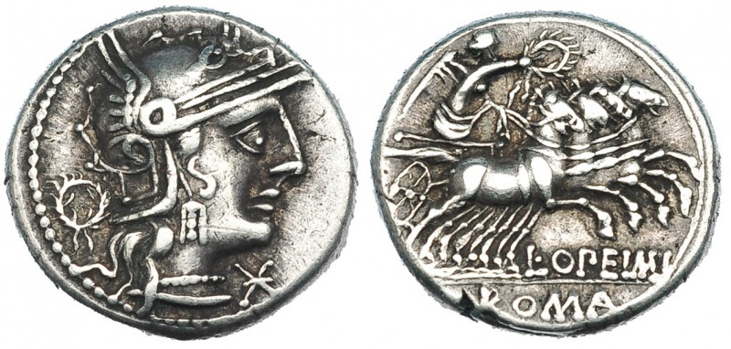 OPIMIA. Denario. Roma (131 a.C.). R/ Victoria en cuadriga a der.; L.OPEIMI; en e...