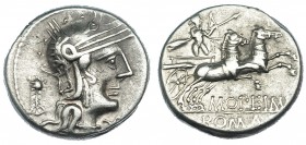 OPIMIA. Denario. Roma (131 a.C.). R/ Apolo en biga a der.; debajo M·OPEIMI. En el exergo: ROMA. FFC-950. SB-16. MBC/MBC+.