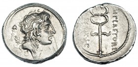 PLAETORIA. Denario. Roma (69 a.C.). A/ Cabeza de Bonus Eventus; detrás símbolo. R/ Caduceo alado; alrededor: M. PLAETORI/(C)EST·EX·S·C. FFC-972. SB-5....