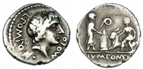 POMPONIA. Denario. Roma (97 a.C.). A/ Cabeza laureada de Apolo a der.; alrededor: L·POMPON·MOLO. FFC-1030. SB-6. Raya en rev. BC+/MBC-.