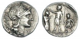 PORCIA. Denario. Roma (110-109 a.C.). A/ Cabeza de Roma a der.; encima: ROMA; detrás: P. LAECA. FFC-1055. SB-4. Pequeñas marcas. MBC.