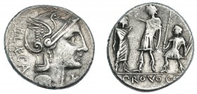PORCIA. Denario. Roma (110-109 a.C.). A/ Cabeza de Roma a izq.; encima: ROMA; delante: X y detrás: P. LAECA. R/ Ley.: PROVOCO. FFC-1055. SB-4. Pequeña...