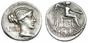 PORCIA. Denario. Roma (89 a.C.). R/ Victoria sentada: ST/VICTRIX; ROM detrás del busto. FFC-1059; SB-6 vte. MBC.