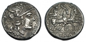 RENIA. Denario. Roma (138 a.C.). A/ Juno Caprotina en biga de machos cabríos a der.; debajo: C.RENI. En el exergo ROMA. FFC-1088. SB-1. Pequeñas marca...