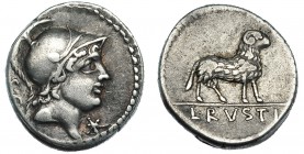RUSTIA. Denario. Roma (76 a.C). R/ Macho cabrío a der. L·RVSTI. FFC-1094. SB-1. Rayita. MBC.