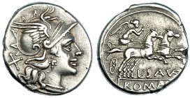 SAUFEIA. Denario. Roma (152 a.C.). R/ Victoria en biga a der.; L·SAVF; en el exergo: ROMA. FFC-1099. SB-1. MBC+/MBC.