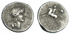 SERGIA. Denario. Norte de Italia (116-115 a.C.). A/ Cabeza de Roma a der.; alrededor, ROMA* EX·SC. FFC-1111. SB-1. Porosidades y pequeñas marcas. MBC....