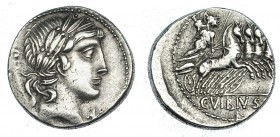 VIBIA. Denario. Roma (90 a.C.). A/ Cabeza laureada de Apolo a der.; detrás: P(ANSIA); delante, símbolo. R/ Minerva en cuadriga a der. En el exergo: C·...