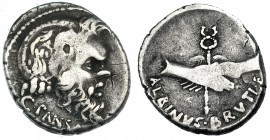 VIBIA. Denario. Roma (48 a.C.). R/ Manos enlazadas y caduceo alado; debajo: ALBINVS·BRVTI·F. FFC-1224. SB-22. Contramarcas. BC+. Escasa.