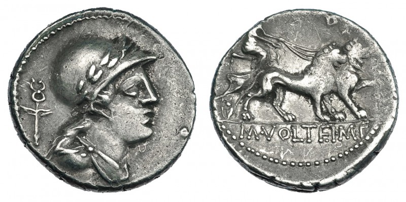 VOLTEIA. Denario. Roma (78 a.C.). R/ Cibeles en biga de leones a der., encima le...