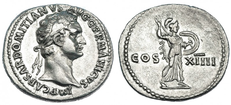 DOMICIANO. Denario. Roma (88). R/ Minerva avanzando a der. con lanza y escudo; C...