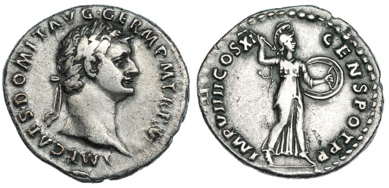 DOMICIANO. Denario. Roma (85). R/ Minerva avanzando a der. con lanza y escudo. R...