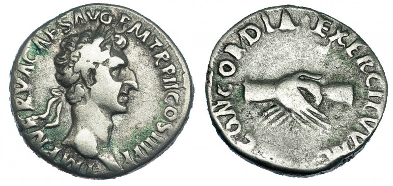 NERVA. Denario. Roma (97). A/ Busto laureado a der. R/ Manos estrechándose; CONC...