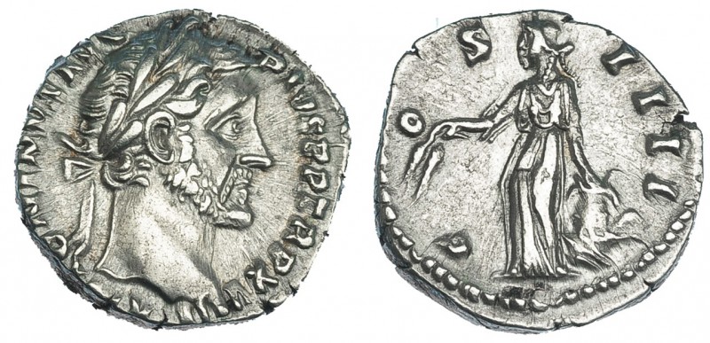 ANTONINO PÍO. Denario. Roma (152-153). R/ La Abundancia a izq. con espigas y mod...