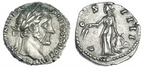 ANTONINO PÍO. Denario. Roma (152-153). R/ La Abundancia a izq. con espigas y modius sobre proa. RIC-221. SB-290. MBC+.