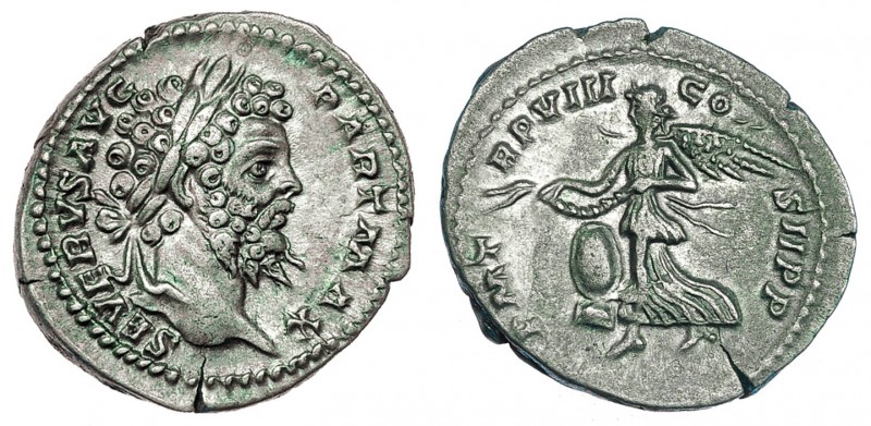 SEPTIMIO SEVERO. Denario. Roma (200). R/ La Victoria a izq. con corona sobre esc...