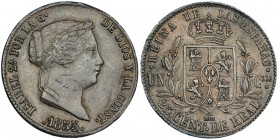 25 céntimos de real. 1855/4. Segovia. VI-146 vte. Rayita en anv. y golpe en gráfila. MBC+.