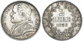 ESTADOS PAPALES Y VATICANO. Pío IX. 2 liras. 1870. XXIV-R. KM-1379.3. EBC-. Escasa.