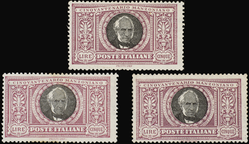 REGNO D'ITALIA
 
1923, MANZONI 5 L. TRE ESEMPLARI
nuovi con gomma originale; ...